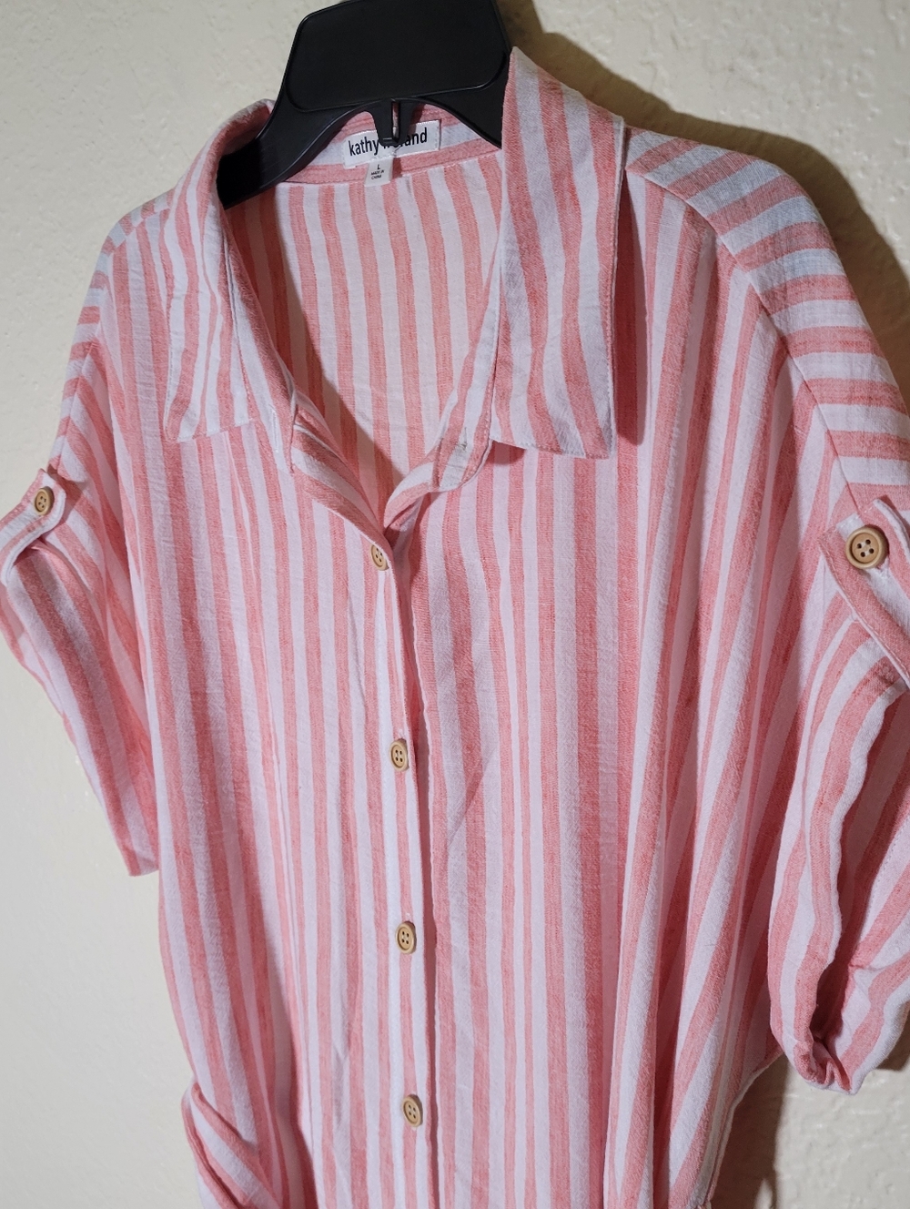 Kathy Ireland | Striped Belted Midi Shirt Dress Coastal Preppy Modest Classic L - Picture 4 of 7
